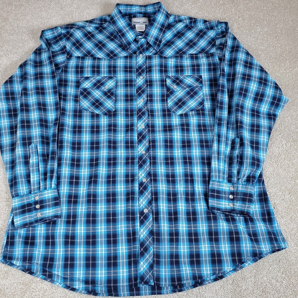 Wrangler Wrancher Western Shirt Men's Size 2XT Pearl Snaps Blue Plaid
